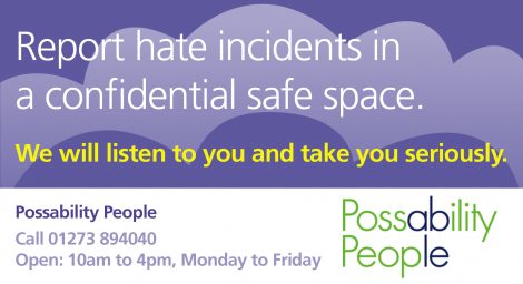 Poster with contact details for reporting hate incident to Possability People