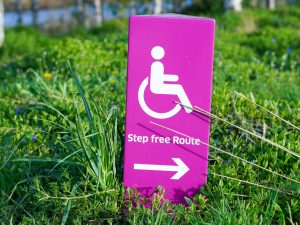 A purple sign is pushed into some grass. The sign has a wheelchair symbol and reads 'Step free Route'.
