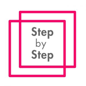 Step by Step logo - 2 interlocking bright pink squares with 'step by step' in grey text in the centre