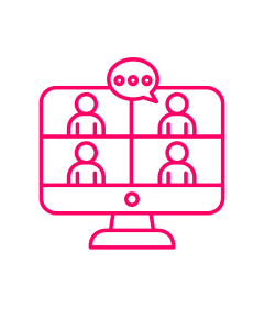 a simple graphic of a pc screen with four people in an online meeting and a speech bubble at the top
