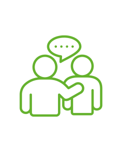 a stick man graphic of two people side by side with one touching the other on the shoulder and a speech bubble above their head